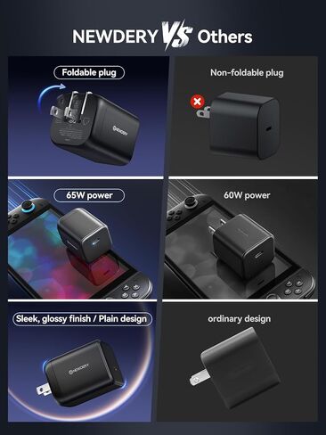 NEWDERY Switch 2 Charger 65W AC Power Adapter for Nintendo 2, Foldable Plug, 5FT USB Cable, 4K TV Dock Supported, PD 3.0 Fast Charging (20V/3A), Replacement for OEM Switch 2, for Steam Deck Charger | 5FT PD 3.0 Fast Charging,Replacement for OEM Switch 2,  in Saudi Arabia