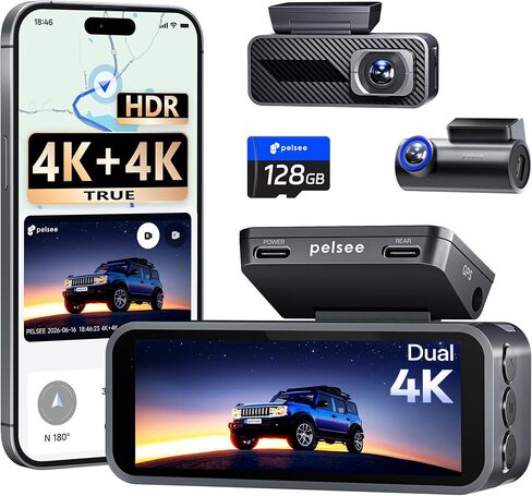 Pelsee S1 Pro Native 4K + 4K Dash Cam Front and Rear, 128GB Card Included | 8MP Dual HDR Dash Camera for Cars, 5.8GHz WiFi 30MB/s Download, GPS, Voice Control, Full Color Night Vision, 24H Parking Mode in Kuwait