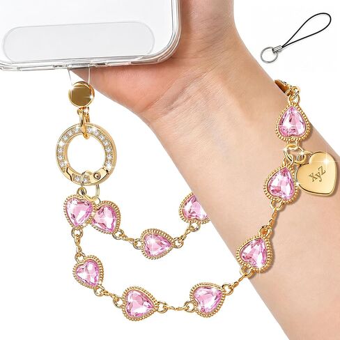 XYZ Heart Phone Charm Wrist Strap，Sparkle Phone Chain Wristlet，Pink | Faceted Heart Crystals, Rhinestone Ring Clasp, Gold Chain, Bracelet Charm Lanyard Strap for Bags & Keys, Gift for Women in Saudi Arabia