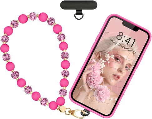 Food-Grade Silicone Phone Wrist Strap with Tether Tab/Clip, Sparkling Bead Phone Lanyard/Phone Charm in Saudi Arabia