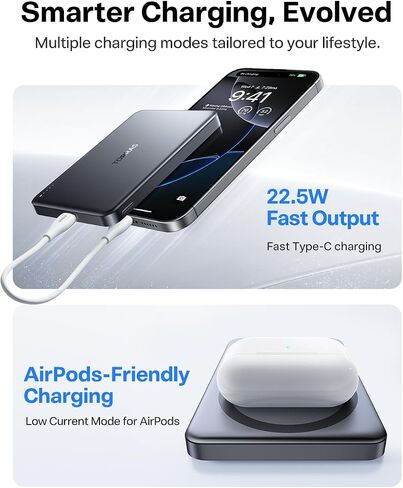 TORRAS MiniMag Power Bank,Ultra-Slim 10,000mAh Magnetic Wireless Portable Charger, 22.5W Fast Charging iPhone Air Magnetic Battery Pack Designed for iPhone 17 Pro Max/17 Pro/Air/16/15/14/13/12, Gray in Saudi Arabia