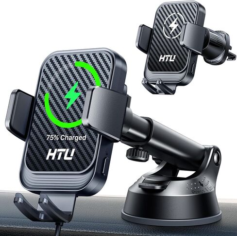 HTU Wireless Car Charger, 15W Auto Clamping Car Charger Dash Windshield Air Vent Phone Holder Compatible with iPhone 17 16 15 14/13/13 Pro/12 pro/12/11/X/8, Samsung S25/S24/S23/S22,etc (Black) in Saudi Arabia