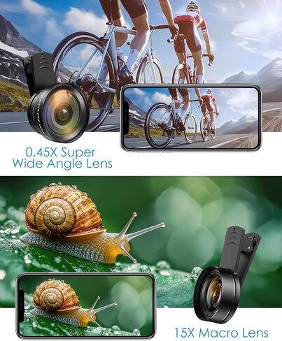 Phone Camera Lens Kit, 0.45X Wide Angle + 15X Macro Lens | 2 in 1 Lens Attachment for iPhone 17/16/15/14/13, Phone Clip-on Lens for iPhone/Android, Includes Travel Bag in Saudi Arabia