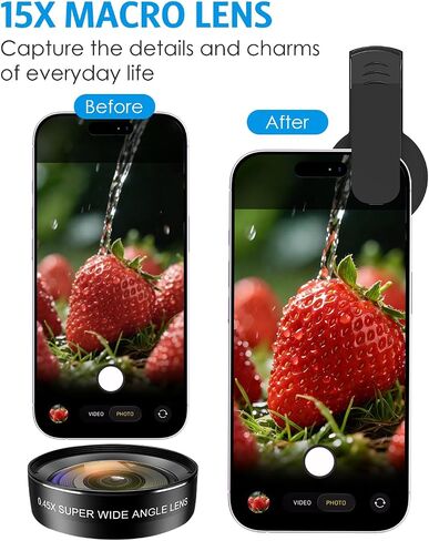 Phone Camera Lens Kit, 0.45X Wide Angle + 15X Macro Lens | 2 in 1 Lens Attachment for iPhone 17/16/15/14/13, Phone Clip-on Lens for iPhone/Android, Includes Travel Bag in Saudi Arabia