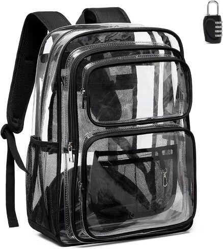BAVERGE Clear Backpack Heavy Duty -18 Inch Extra Large Bookbag 3 Front Pockets and Lock for Stadium Events, Travel, Work, College, Black in Saudi Arabia