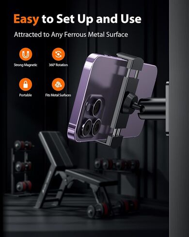 Stouchi Gym Magnetic Phone Holder, 360° Adjustable [N55 Dual Magnet] Phone Mount Gym Accessories for Women/Men, All Metal Portable Workout Essentials Compatible with 4.7-6.5" Smartphones, Black in Saudi Arabia