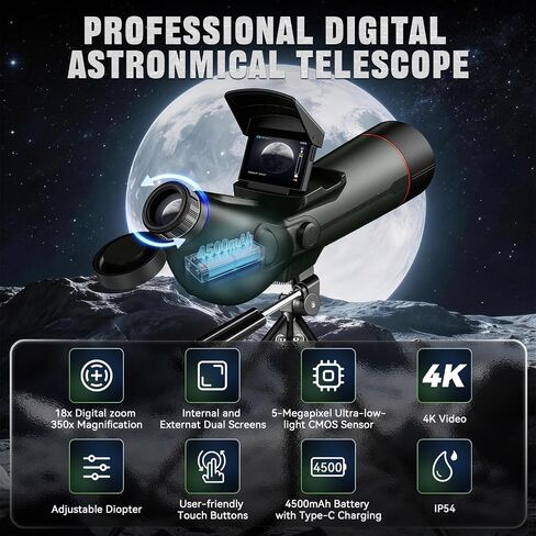 Telescope, Telescope for Adults High Powered, Professional Refractor Auto-Focus Smart Digital Electronic Telescopes with 4K Astrophotography Camera, Dual Screens Spotter, Carry Bag and 32G Card in Saudi Arabia
