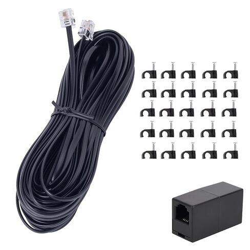 Phone Extension Cord 50FT Long Phone Cable Line Wire, with Standard RJ11 Plug andIncludes Telephone Inline Coupler RJ11 Splitter and 25Cable Clip Holders, Black in Kuwait