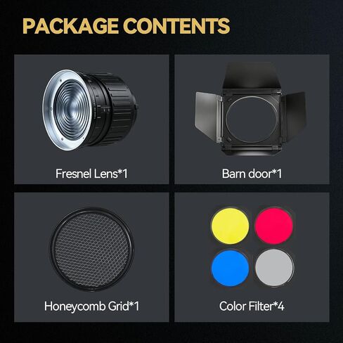 WELLMAKING Bowens Mount Fresnel Lens Light Booster Kit with Barn Door | 10X brightness boost with 12°-40° zoomable beam. Includes barn door and honeycomb grid for precise studio lighting control. in Saudi Arabia