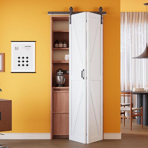 Bifold Barn Door 25" (12.5" x 2) x 84" with Pre-Assembled Solid Core Panels | Paintable White Primed Finish Bi Fold Barn Door, H-Shape Bifold Sliding Barn Door for Closet Pantry Laundry, Easy to Install in Saudi Arabia