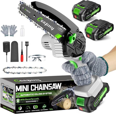 CEEPUY Mini Chainsaw Cordless,6 Inch Portable Electric Chainsaw with 2 Batterys/Automatic Oiler/Security Lock/Powered Small Handheld Saw for Trees Branches Trimming,Gifts for Father Men Dad Husband in Kuwait