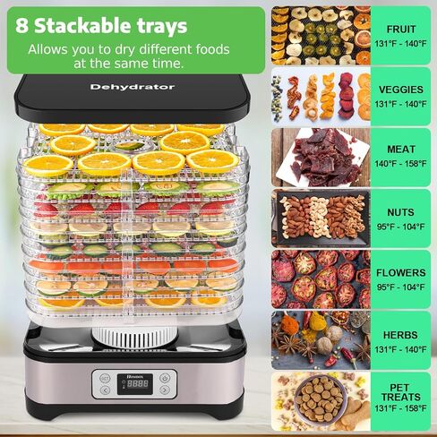 Homdox Food Dehydrator, 8 BPA-Free Trays with Large 7 ft² Drying Space | 72H Timer, 158°F Temperature Control, 400W Faster Drying, with Fruit Roll Sheet, for Jerky, Fruit, Herbs, Meat & Dog Treats in Kuwait