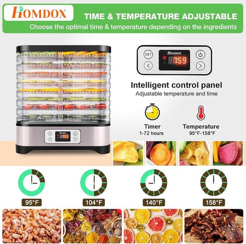 Homdox Food Dehydrator, 8 BPA-Free Trays with Large 7 ft² Drying Space | 72H Timer, 158°F Temperature Control, 400W Faster Drying, with Fruit Roll Sheet, for Jerky, Fruit, Herbs, Meat & Dog Treats in Kuwait