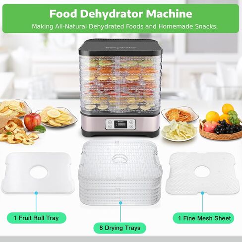 Homdox Food Dehydrator, 8 BPA-Free Trays with Large 7 ft² Drying Space | 72H Timer, 158°F Temperature Control, 400W Faster Drying, with Fruit Roll Sheet, for Jerky, Fruit, Herbs, Meat & Dog Treats in Kuwait