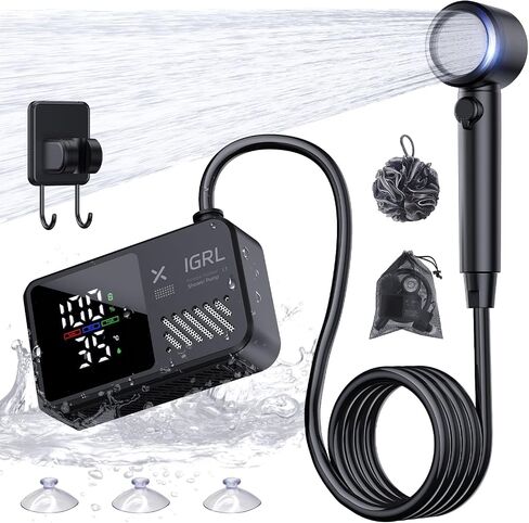 IGRL Portable Shower for Camping, Powerful 10L/Min Water Flow, Rechargeable Shower Pump with Bath Sponge, 4 Spray Modes, IPX8 Waterproof, 7800mAh Battery, Ideal for Hiking, Travel, Pet, Car Wash in Kuwait