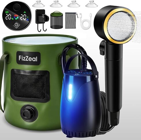 دش FizZeal المحمول للتخييم مع شاشة LED و5 سرعات، بطارية 8000 مللي أمبير في الساعة | رأس دش قابل للتعديل بـ 5 سرعات مع شاشة LED، ودلو قابل للطي سعة 6.6 جالون، ومجموعة شطف محمولة للتخييم في الهواء الطلق والسفر in Kuwait