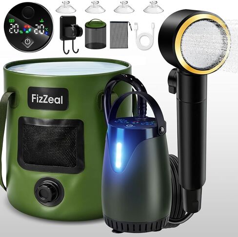 FizZeal Portable Camping Shower with LED Display & 5 Speed, 8000mAh Battery | 5-speed adjustable shower head with LED display, foldable 6.6Gal bucket,portable rinse kit for outdoor camping and travel in Saudi Arabia