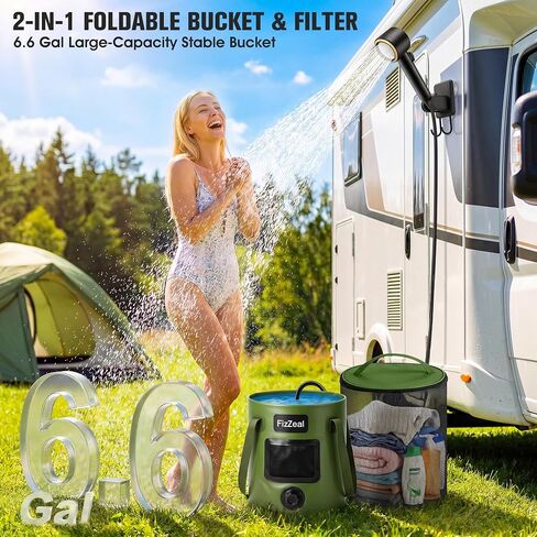 FizZeal Portable Camping Shower with LED Display & 5 Speed, 8000mAh Battery | 5-speed adjustable shower head with LED display, foldable 6.6Gal bucket,portable rinse kit for outdoor camping and travel in Saudi Arabia