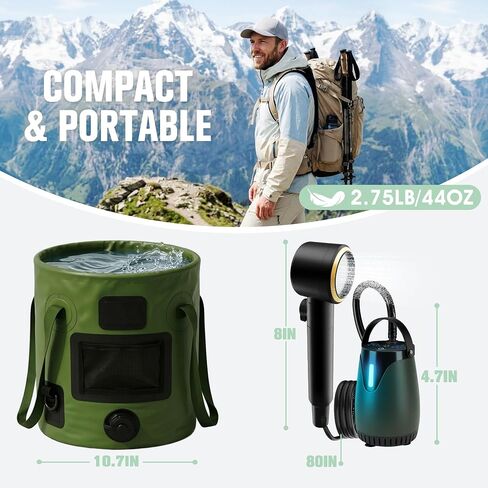 FizZeal Portable Camping Shower with LED Display & 5 Speed, 8000mAh Battery | 5-speed adjustable shower head with LED display, foldable 6.6Gal bucket,portable rinse kit for outdoor camping and travel in Saudi Arabia