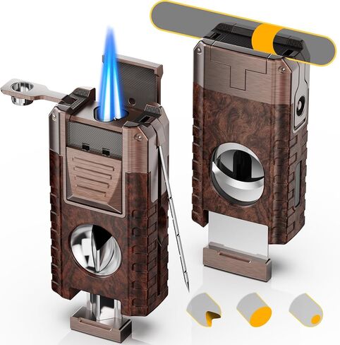 6-in-1 Butane Torch Lighter with V & Straight Cutters, Windproof 3 Jet Flame, Built-in Holder, Punch, Draw Enhancer, Refillable Cool Lighters with Gift Box, Gifts for Men, Candles, Travel (Wood grain) in Saudi Arabia