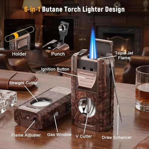 6-in-1 Butane Torch Lighter with V & Straight Cutters, Windproof 3 Jet Flame, Built-in Holder, Punch, Draw Enhancer, Refillable Cool Lighters with Gift Box, Gifts for Men, Candles, Travel (Wood grain) in Saudi Arabia