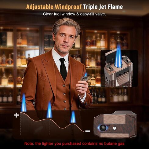 6-in-1 Butane Torch Lighter with V & Straight Cutters, Windproof 3 Jet Flame, Built-in Holder, Punch, Draw Enhancer, Refillable Cool Lighters with Gift Box, Gifts for Men, Candles, Travel (Wood grain) in Saudi Arabia
