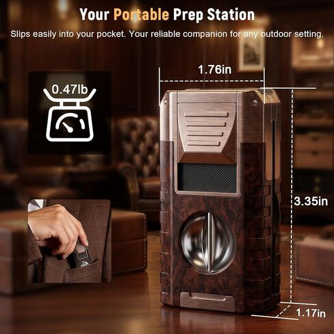 6-in-1 Butane Torch Lighter with V & Straight Cutters, Windproof 3 Jet Flame, Built-in Holder, Punch, Draw Enhancer, Refillable Cool Lighters with Gift Box, Gifts for Men, Candles, Travel (Wood grain) in Saudi Arabia