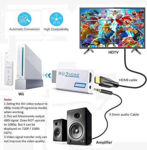Wii to HDMI Converter, Wii2 to HDMI for HD Video Audio Output with 3.5mm Audio Jack, Supports All Wii Display Modes 1080P 720P, Wii, Wii U, HDTV, Monitor, NTSC in Saudi Arabia