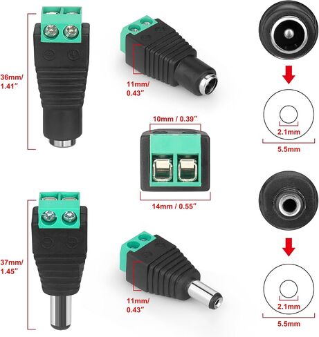 VWEICYY DC Adapter Plug 5.5mm x 2.1mm,10 Pair (10 x Male + 10 x Female) | DC Power Connector for LED Strip CCTV Security Camera Cable End Plugs(Male & Female) in Saudi Arabia