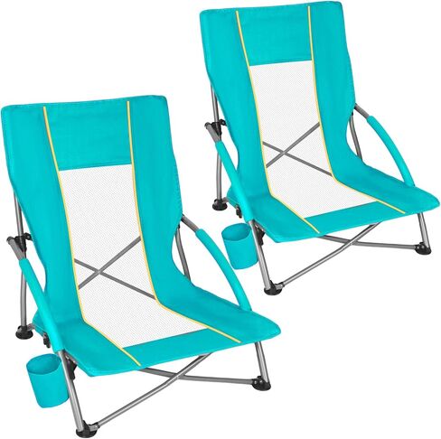 Romswi Low Beach Chairs for Adults 2 Pack, Lightweight Folding Sand Chairs with Breathable Mesh Back & Cup Holder, Portable Compact Camping Chairs, 300lbs Capacity,Black in Saudi Arabia