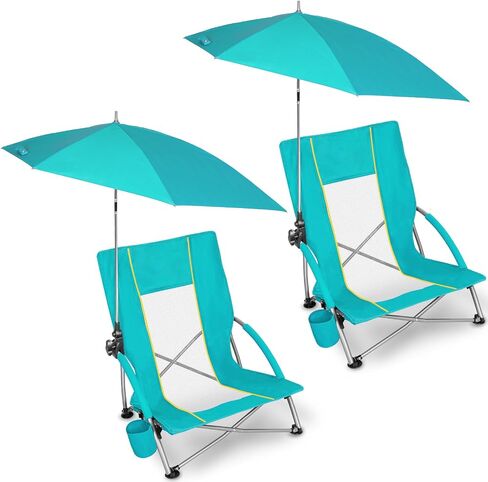 Romswi Beach Chair with Umbrella 2PK, Folding Low Beach Chairs for Adults with Adjustable Parasol, Cup Holder, Breathable Backrest, Comfortable Armrests, Lightweight for Beach & Camping, Blue in Saudi Arabia