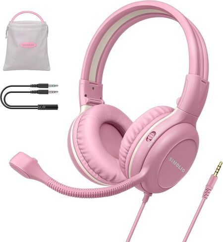 SIMOLIO Kids-Headphones with Microphone for School, 75/85/94 dB Wired Headphones with Boom Mic for iPad, PC, Laptop, Gaming, On Ear Pink Stereo Corded Headsets for Girls, Children, Teens, Students in Saudi Arabia