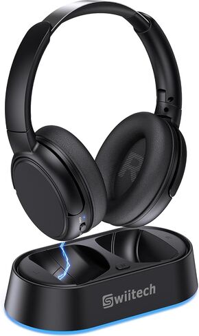Swiitech Wireless TV Headphones with Charging Dock, 45H Playtime, Black | Bluetooth 5.3, 100ft Long Range, Clear Voice, No Audio Delay, Plug & Play Over-Ear Headset for Seniors in Saudi Arabia