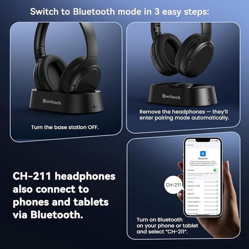Swiitech Wireless TV Headphones with Charging Dock, 45H Playtime, Black | Bluetooth 5.3, 100ft Long Range, Clear Voice, No Audio Delay, Plug & Play Over-Ear Headset for Seniors in Saudi Arabia