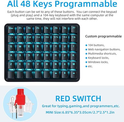 Koolertron Single-Handed Macro Mechanical Keyboard, Blue LED Backlight Portable Single-Handed Mechanical Gaming Keyboard 48 Fully Programmable Keys Red Axis in Saudi Arabia