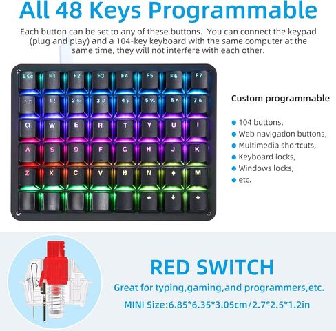 Koolertron One Handed Mechanical Gaming Keyboard, 48-Key Fully Programmable Mini Keypad, Mini USB Macro Keyboard with RGB LED Backlit, for Windows PC Gamer in Saudi Arabia