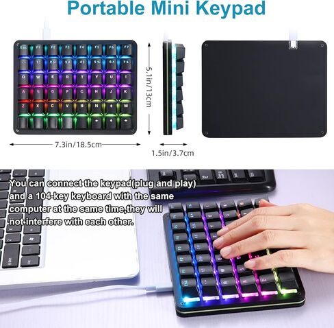 Koolertron One Handed Mechanical Gaming Keyboard, 48-Key Fully Programmable Mini Keypad, Mini USB Macro Keyboard with RGB LED Backlit, for Windows PC Gamer in Saudi Arabia