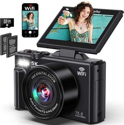 Digital Camera 5K WiFi Cameras for Photography 75MP UHD Autofocus Vlogging | 5K 75MP WiFi Camera for YouTube, Compact Travel Video Camara Beginner, 3" 180° Flip Screen, 18X Zoom, Memory Card, Batteries in Saudi Arabia