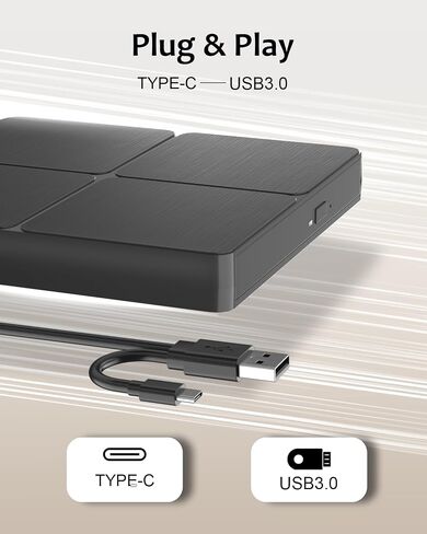 Dual Interface Blu-Ray Optical Writer USB3.0 Type-C for Windows Mac Linux | Plug & play, no driver needed; durable laser; stable burning; supports BD/DVD/CD; ideal for data backup, media playback in Saudi Arabia
