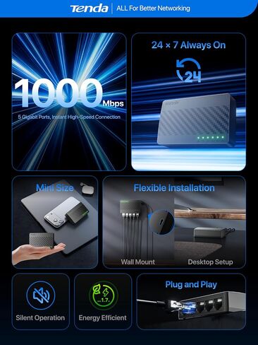 Tenda 5 Port Gigabit Ethernet Switch, Desktop Ethernet Splitter Plug & Play in Saudi Arabia