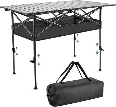 Folding Camping Table, 37.4" Aluminum Roll Top Table Lightweight, Adjustable Height Outdoor Table with Storage Mesh & Carry Bag, Portable Camp Gear for Picnic Tailgate BBQ, Black in Saudi Arabia