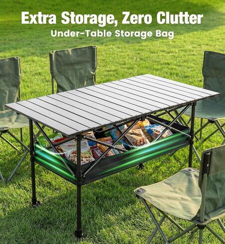 Folding Camping Table, 37.4" Aluminum Roll Top Table Lightweight, Adjustable Height Outdoor Table with Storage Mesh & Carry Bag, Portable Camp Gear for Picnic Tailgate BBQ, Black in Saudi Arabia