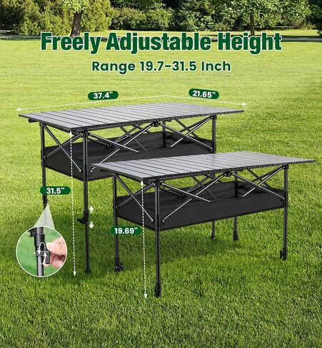 Folding Camping Table, 37.4" Aluminum Roll Top Table Lightweight, Adjustable Height Outdoor Table with Storage Mesh & Carry Bag, Portable Camp Gear for Picnic Tailgate BBQ, Black in Saudi Arabia
