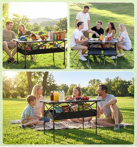 Folding Camping Table, 37.4" Aluminum Roll Top Table Lightweight, Adjustable Height Outdoor Table with Storage Mesh & Carry Bag, Portable Camp Gear for Picnic Tailgate BBQ, Black in Saudi Arabia