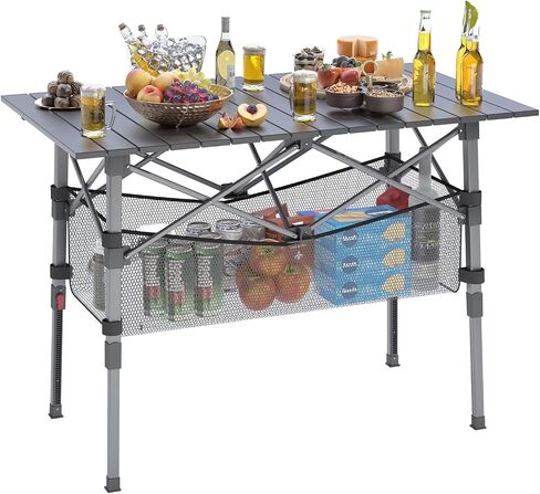 Portable Camping Table with Adjustable Height Legs, Lightweight Aluminum Roll-up beach tables for sand foldable，Folding Picnic Table Large Storage Basket for Outdoor camping (Black, Medium 37") in Kuwait
