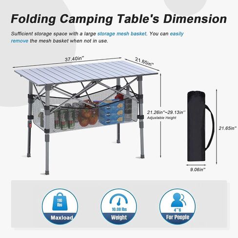 Portable Camping Table with Adjustable Height Legs, Lightweight Aluminum Roll-up beach tables for sand foldable，Folding Picnic Table Large Storage Basket for Outdoor camping (Black, Medium 37") in Kuwait