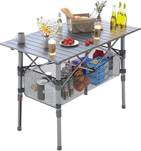Portable Camping Table with Adjustable Height Legs, Lightweight Aluminum Roll-up beach tables for sand foldable，Folding Picnic Table Large Storage Basket for Outdoor camping (Black, Medium 37") in Kuwait