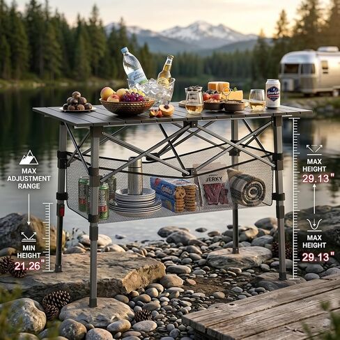 Portable Camping Table with Adjustable Height Legs, Lightweight Aluminum Roll-up beach tables for sand foldable，Folding Picnic Table Large Storage Basket for Outdoor camping (Black, Medium 37") in Kuwait