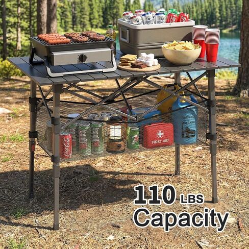 Portable Camping Table with Adjustable Height Legs, Lightweight Aluminum Roll-up beach tables for sand foldable，Folding Picnic Table Large Storage Basket for Outdoor camping (Black, Medium 37") in Kuwait