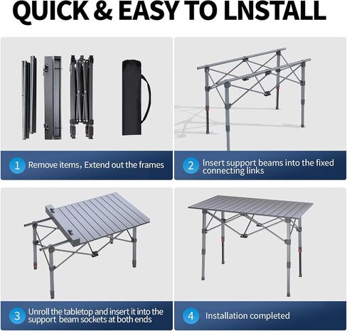 Portable Camping Table with Adjustable Height Legs, Lightweight Aluminum Roll-up beach tables for sand foldable，Folding Picnic Table Large Storage Basket for Outdoor camping (Black, Medium 37") in Kuwait